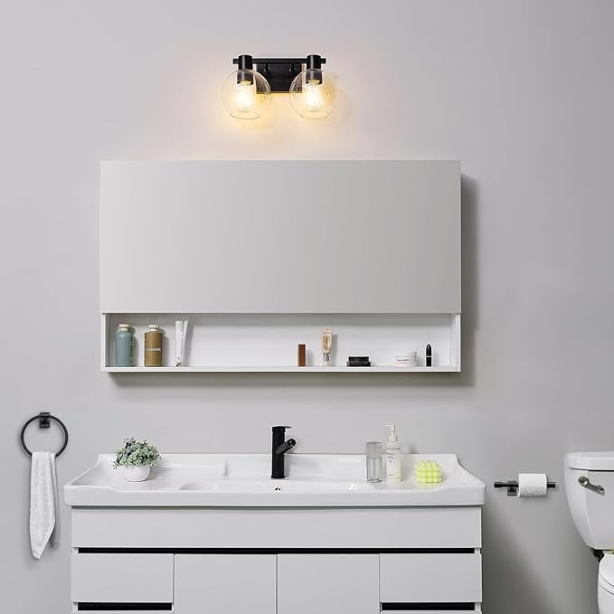 GLOBE Electric 63000057 3-Piece All-in-One Bathroom Set, Matte Black, 15" 2-Light Vanity Light, Clear Glass Shades, Toilet Paper Holder, Towel Ring, Bathroom Lights Over Mirror, Powder Room Lighting