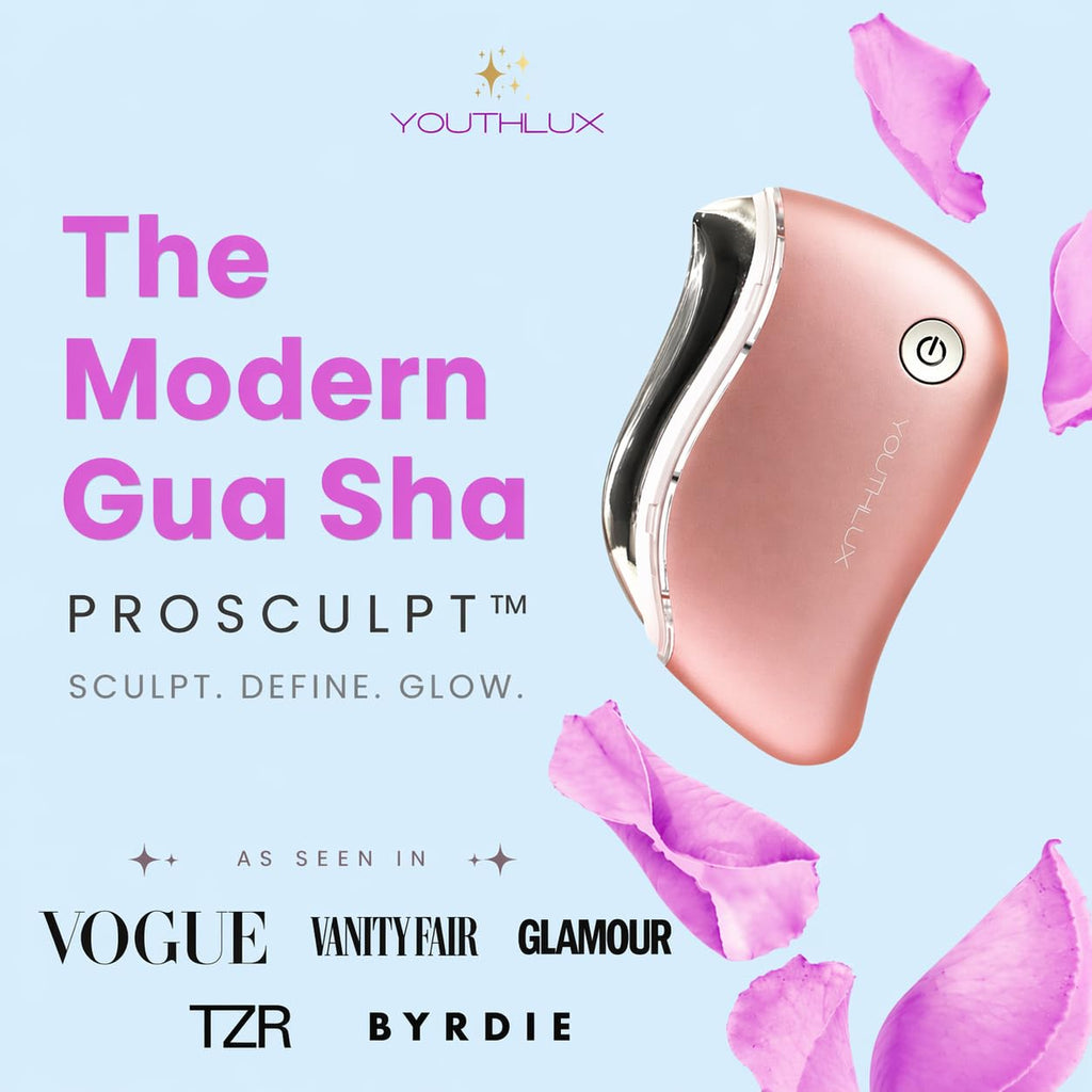 YOUTHLUX ProSculpt Heated Gua Sha Facial Massager – Electric Guasha Tool for Face Sculpting, Relaxation & Skincare | Soothing Vibration Facial Massage Tool with Contoured Design (Rose Gold)