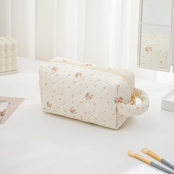 HHQQWZ Makeup Bag Travel Cosmetic Bag for Women, Zipper Make Up Pouch, Floral Flowers Toiletry Organizer Makeup with Handle, Cosmetic Travel Cloth Bag (Beige Floral)