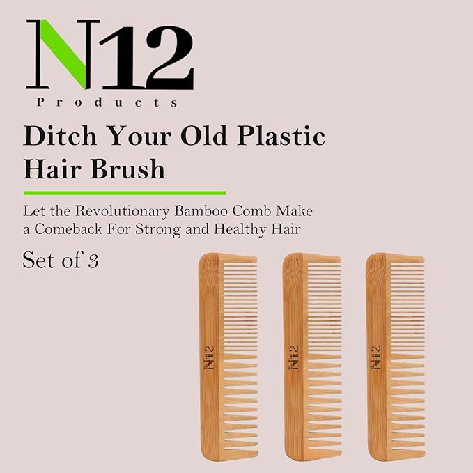 N12 Bamboo Wooden Hair Comb Set of 3 Fine & Wide Tooth Anti Frizz Detangler 17.5 cm