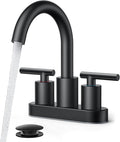 FORIOUS 4 Inch Centerset Bathroom Faucet Black 2 Hole, Two Handle Matte Black Faucet for Bathroom Sink with Pop Up Dain, 24" Supply Line, and 360° Rotating Spout of 4" Vanity