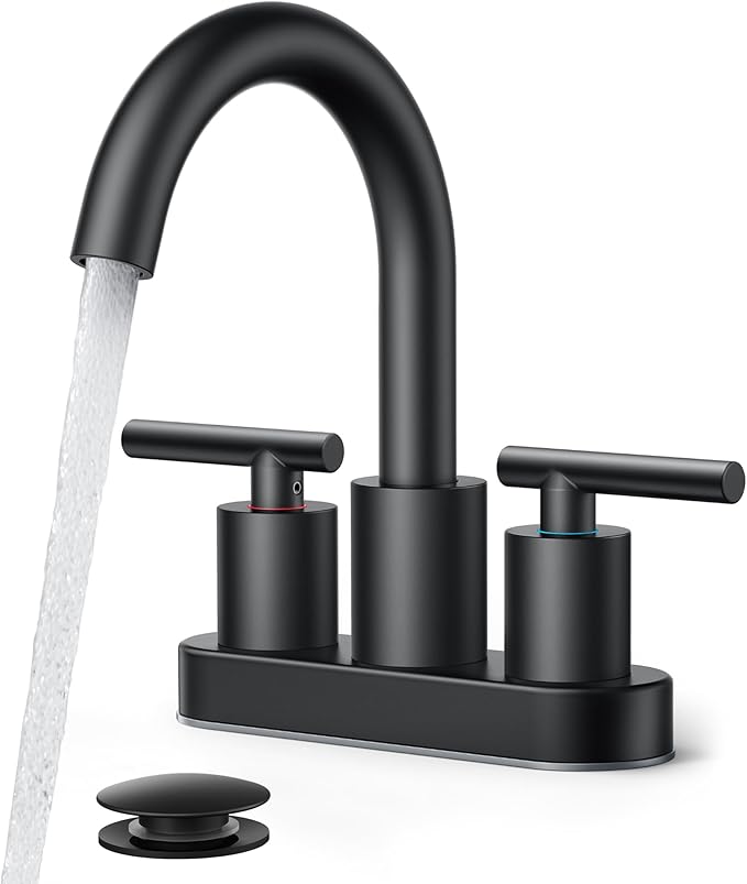 FORIOUS 4 Inch Centerset Bathroom Faucet Black 2 Hole, Two Handle Matte Black Faucet for Bathroom Sink with Pop Up Dain, 24" Supply Line, and 360° Rotating Spout of 4" Vanity