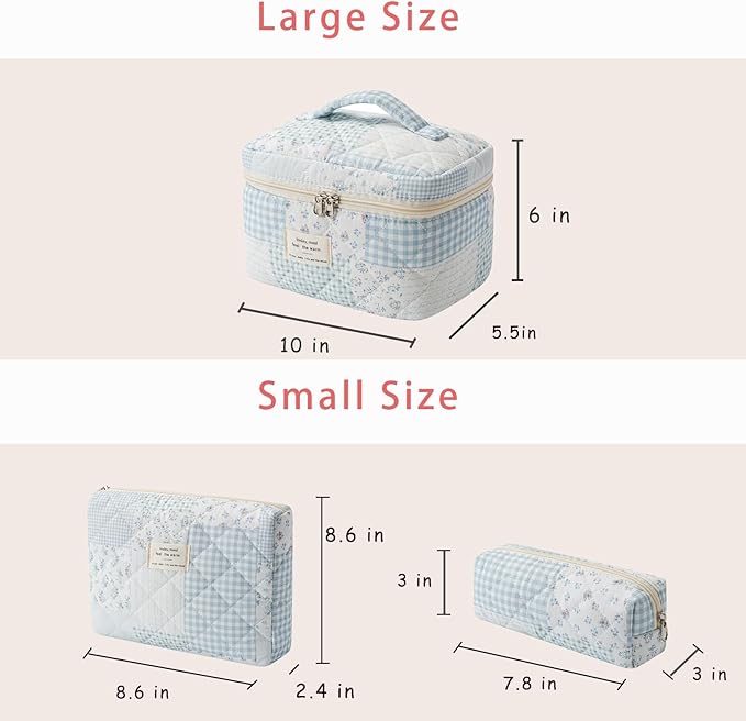uekeboag 3Pcs Large Travel Quilted Makeup Bag for Women, Floral Cotton Cosmetic Bag, Coquette Aesthetic Floral Toiletry Organizer Bag(3Pcs Blue patchwork