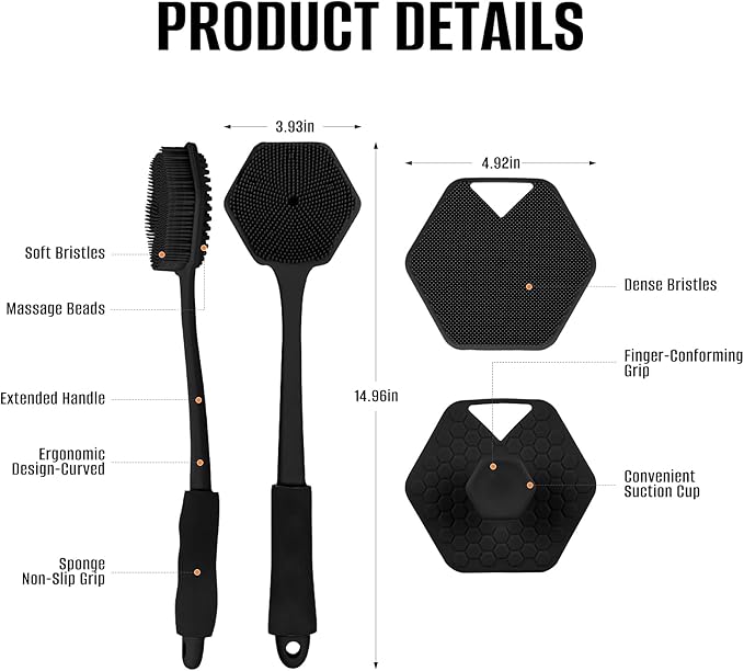 Back Scrubber for Shower - Long Handled Bath Brush, 15" Dual-Sided Silicone Bristles with Massage Beads, Silicone Body Brush for Skin Massage and Body Exfoliator,Non-Slip (2 Pack)