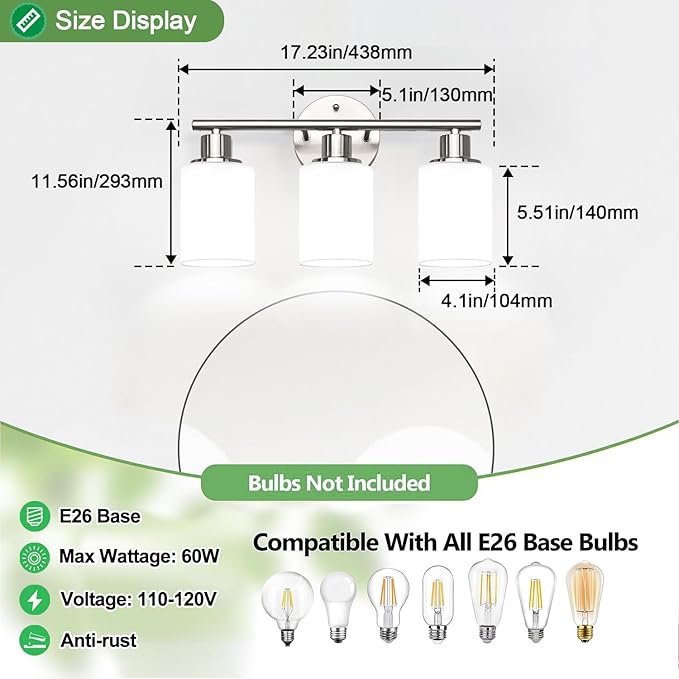 Zarbitta 3-Light Bathroom Light Fixtures, Brushed Nickel Vanity Light, Farmhouse Wall Lights with Milky White Frosted Glass Shades, Bathroom Wall Lamp for Mirror Kitchen Bedroom Hallway Living Room