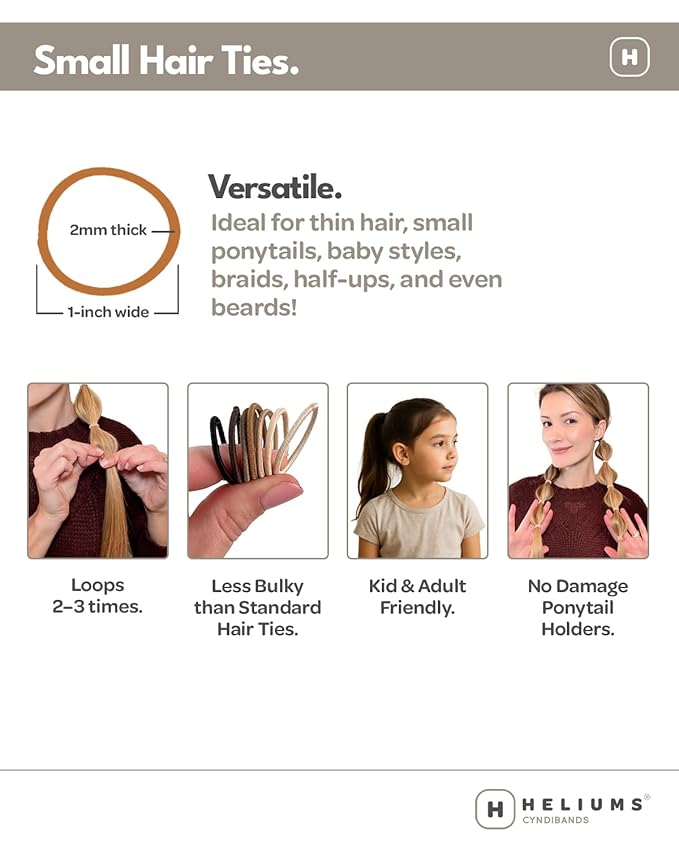 Heliums Small Hair Ties - Mix - No Damage Mini 1 Inch Reusable 2mm Elastics for Thin Hair and Kids, Neutral Ponytail Holders - 48 Count (Neutrals Mix)