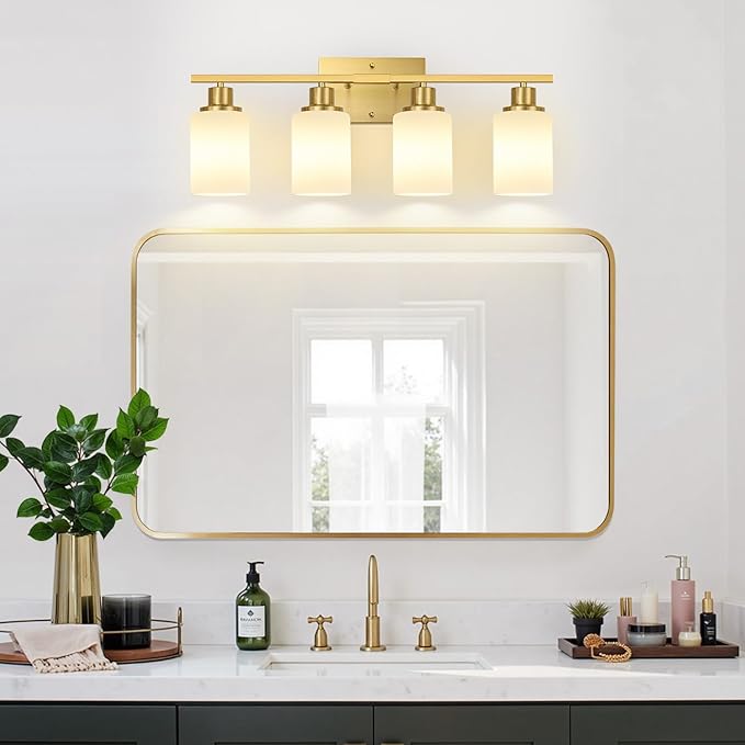 4-Light Bathroom Light Fixtures, Brushed Gold Vanity Lights with Milk Glass Shades, Modern Bathroom Wall Lamp for Mirror Living Room Bedroom Porch