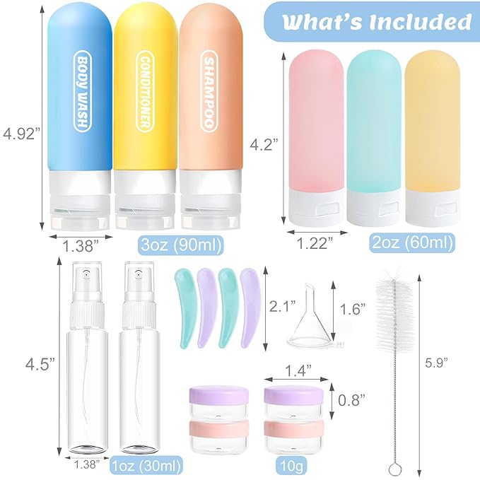 YNSHOUNA 20 Pack Travel Bottles Set, TSA Approved Travel Size Toiletries Containers, Leak Proof Shampoo and Conditioner Bottles, Refillable Travel Essentials Toiletry Bottles (Light Color)