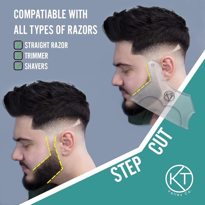 KT Valley Co. Men’s Beard Shaping Tool Transparent Design for Men's Jaw Cheek Neck Line Symmetric Curve, Professional Beard Guide Styling Comb Works w/All Types of Razors and Beard Trimmers