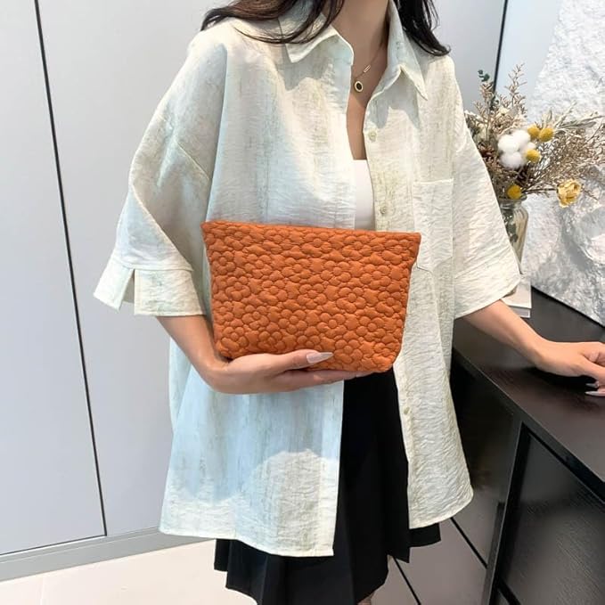 HFLZBRO Puffy Quilted Makeup Bag for Women, Cosmetic Bag, Travel Toiletry Organizer Pouch Clutch (Orange Flowers)