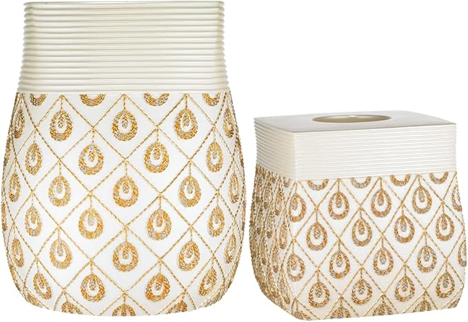 Zahari Home 2pc Seraphina Bathroom Set Waste Basket & Tissue Cover Modern Classic Decor Stylish Unique Design Beautiful White Bathroom Accessories Set
