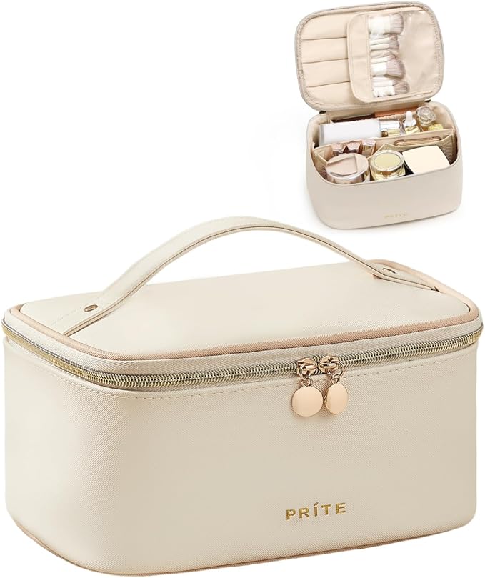 Prite Makeup Bag, Large Capacity Cosmetic Bag for Women and Girls, Waterproof PU Leather Travel Makeup Case, Toiletry Organizer with Handle and Divider for Skincare and Brushes - Beige