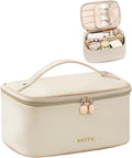 Prite Makeup Bag, Large Capacity Cosmetic Bag for Women and Girls, Waterproof PU Leather Travel Makeup Case, Toiletry Organizer with Handle and Divider for Skincare and Brushes - Beige
