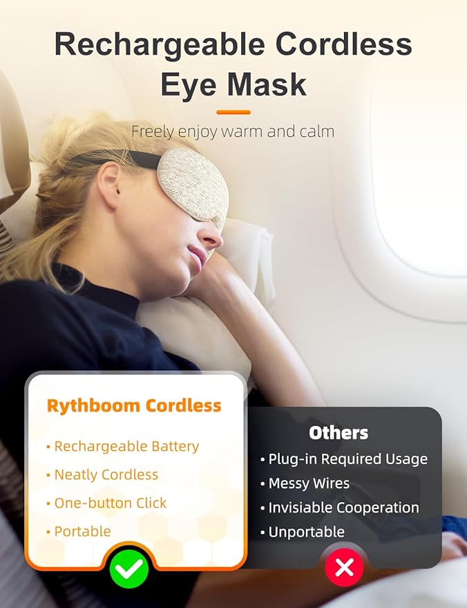 Rythboom Heated Eye Masks for Dry Eyes, Eye Relief, Cordless Warm Eye Compress, 3 Heat Levels, Graphene Material, 15 Uses, 1500mAh Rechargeable Battery, Washable Eye Heating Pad for Sleeping, Travel