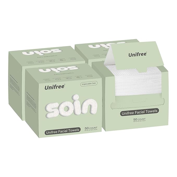 Unifree Facial Towels I Towelettes I Dry Wipes I Makeup Remover I Clean Facial Tissues in Box,X-Large Size 11.8 x 9.8 Inch, 50 Count