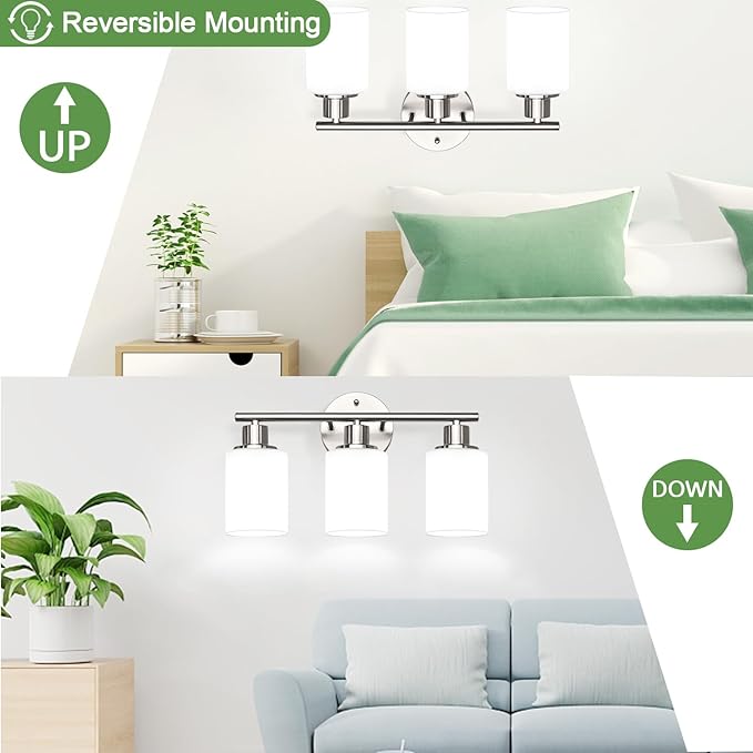 Zarbitta 3-Light Bathroom Light Fixtures, Brushed Nickel Vanity Light, Farmhouse Wall Lights with Milky White Frosted Glass Shades, Bathroom Wall Lamp for Mirror Kitchen Bedroom Hallway Living Room