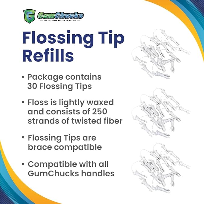 GumChucks Refill Tips - Floss Picks for Braces & Tight Teeth – Reusable Dual Handle Flosser – No Hands in Mouth - Easy for Kids, Adults & Seniors (30 Tips)