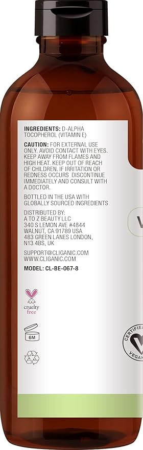 Cliganic Pure Vitamin E Oil for Skin, Scars, Hair & Face 240,000 IU (8oz), Non-GMO Verified | Natural D-Alpha Tocopherol
