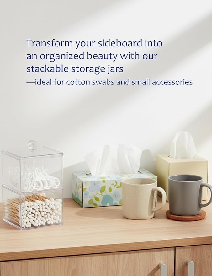 VIPTUVI Cotton Swab Holder with Clear Lid, Double Layer Stackable Apothecary Jar for Bathroom Vanity, Cotton Ball Container & Floss Pick Organizer, Dispenser for Hair Tie & Cotton Rounds.