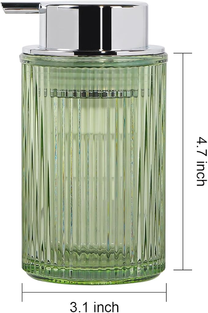 Tonxus Foaming Soap Dispenser, Bathroom Green Glass Foam Soap Dispenser, Refillable 12 Oz Foam Pump Bottle Container with Silver Pump, Decorative Slim Ribbed Dish Soap Dispenser for Kitchen