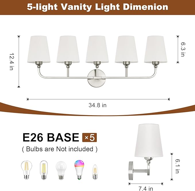 Bathroom Vanity Light, Brushed Nickel Bathroom Light Fixtures, 5-Light Lighting Fixtures Over Mirror, Modern Wall Sconce with Flared White Fabric Shade, E26 Socket(ETL Listed)