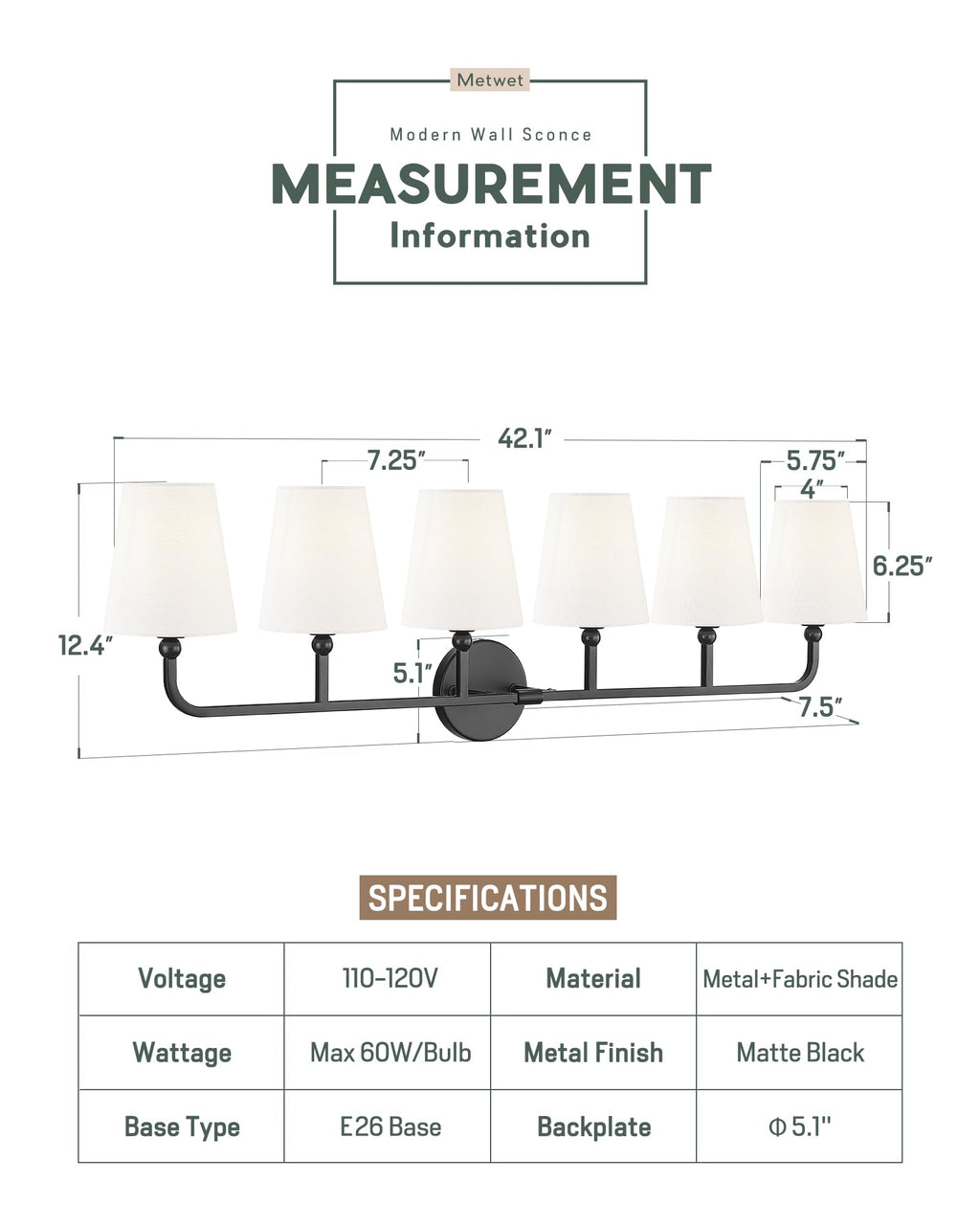 METWET 6-Light Matte Black Bathroom Vanity Light, White Fabric Shades