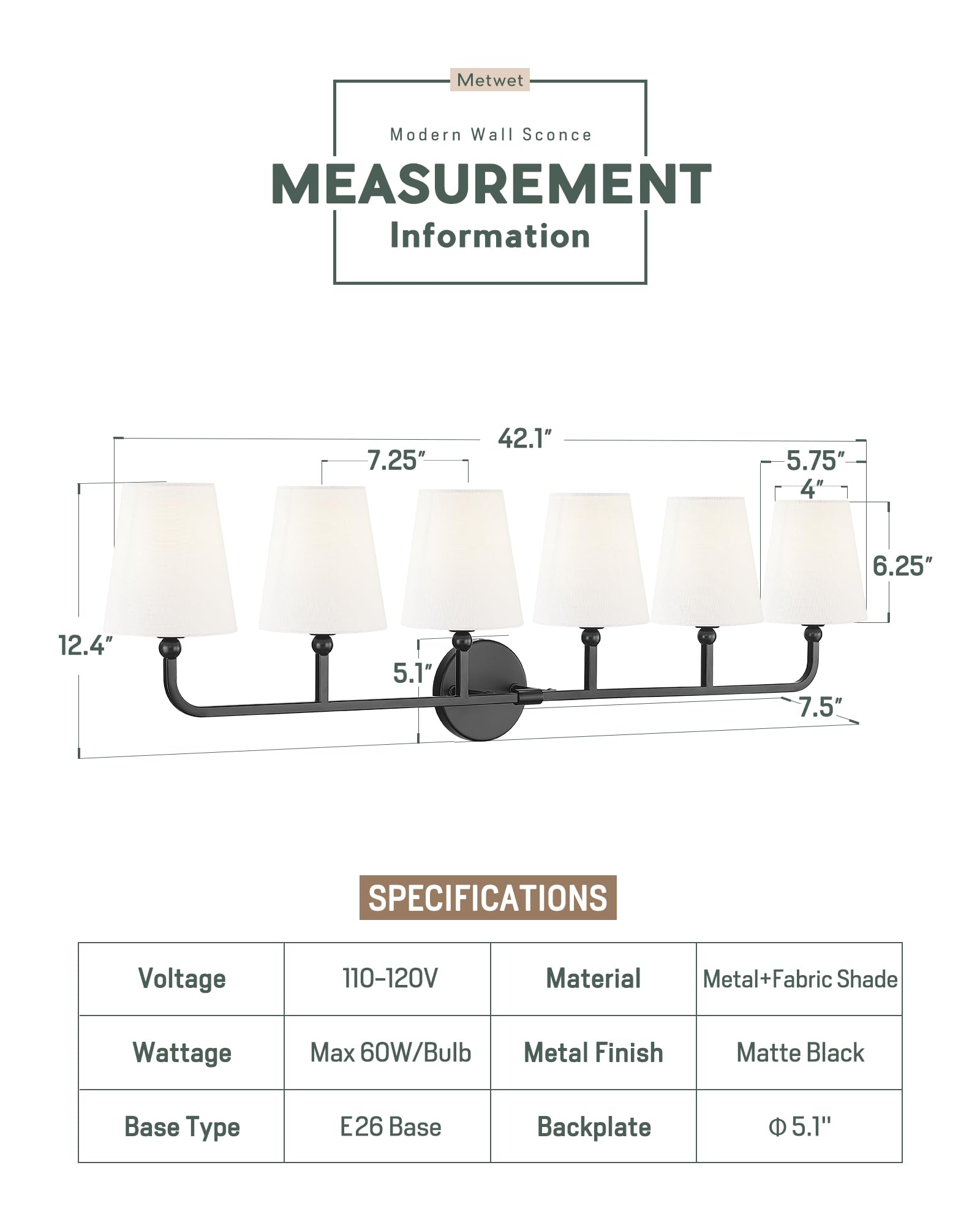 METWET 6-Light Matte Black Bathroom Vanity Light, White Fabric Shades