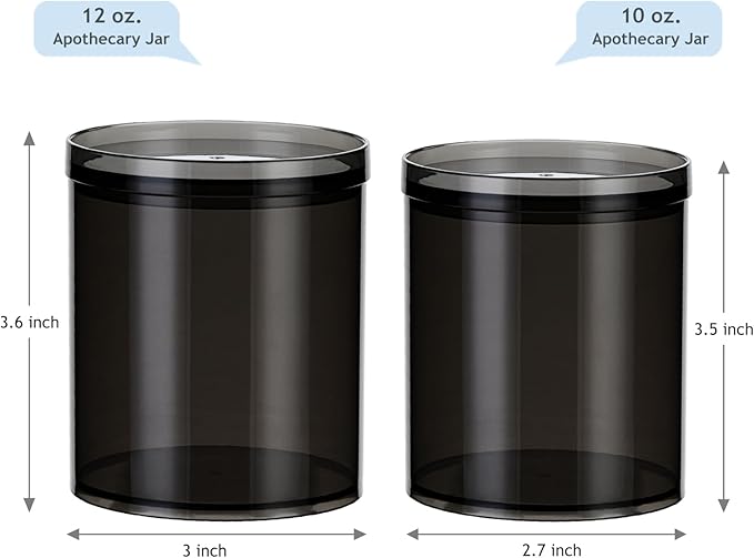 SheeChung 6-Pack Black Stackable Apothecary Jars - (10oz & 12oz) Mixed Sizes Qtip Holder - Modern Industrial Bathroom Accessories Decor with Storage Lids - Translucent Black