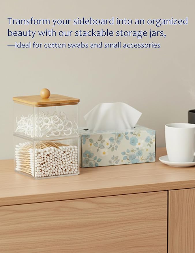 VIPTUVI Cotton Swab Holder with Bamboo Lid, Double Layer Stackable Apothecary Jar for Bathroom Vanity, Cotton Ball Container & Floss Pick Organizer, Dispenser for Hair Tie & Cotton Rounds.