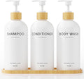 Shampoo and Conditioner Dispenser Set,Shower Soap Dispenser for Bathroom,Refillable Shampoo and Conditioner Bottles with Bamboo Pump and Tray,Soap Dispenser Bathroom for Shower (White, 3-Pack)