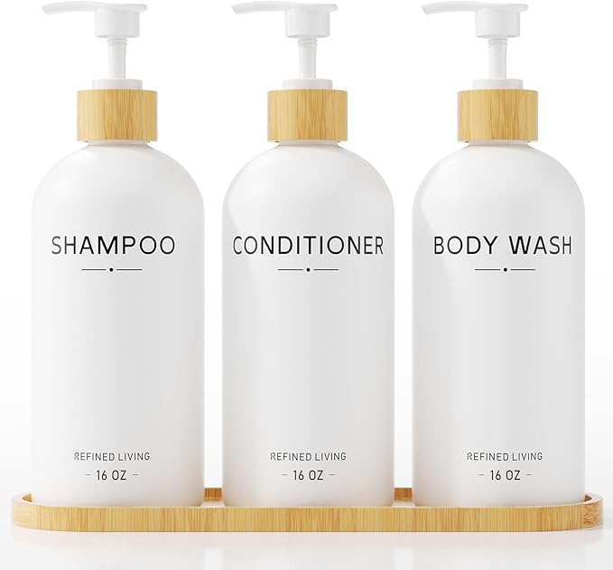 Shampoo and Conditioner Dispenser Set,Shower Soap Dispenser for Bathroom,Refillable Shampoo and Conditioner Bottles with Bamboo Pump and Tray,Soap Dispenser Bathroom for Shower (White, 3-Pack)