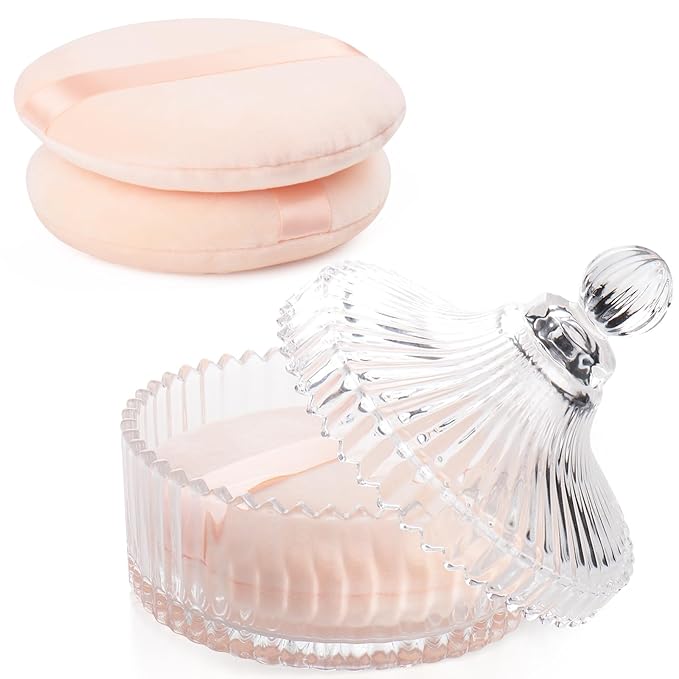 YINGMAN 3Pcs Extra Large Body Powder Puff & Luxury 6" Glass Jar Dusting Powder Container with Puff for Women Bath Powder Puffs Perfect for Talcum or Loose Powder (Beige)