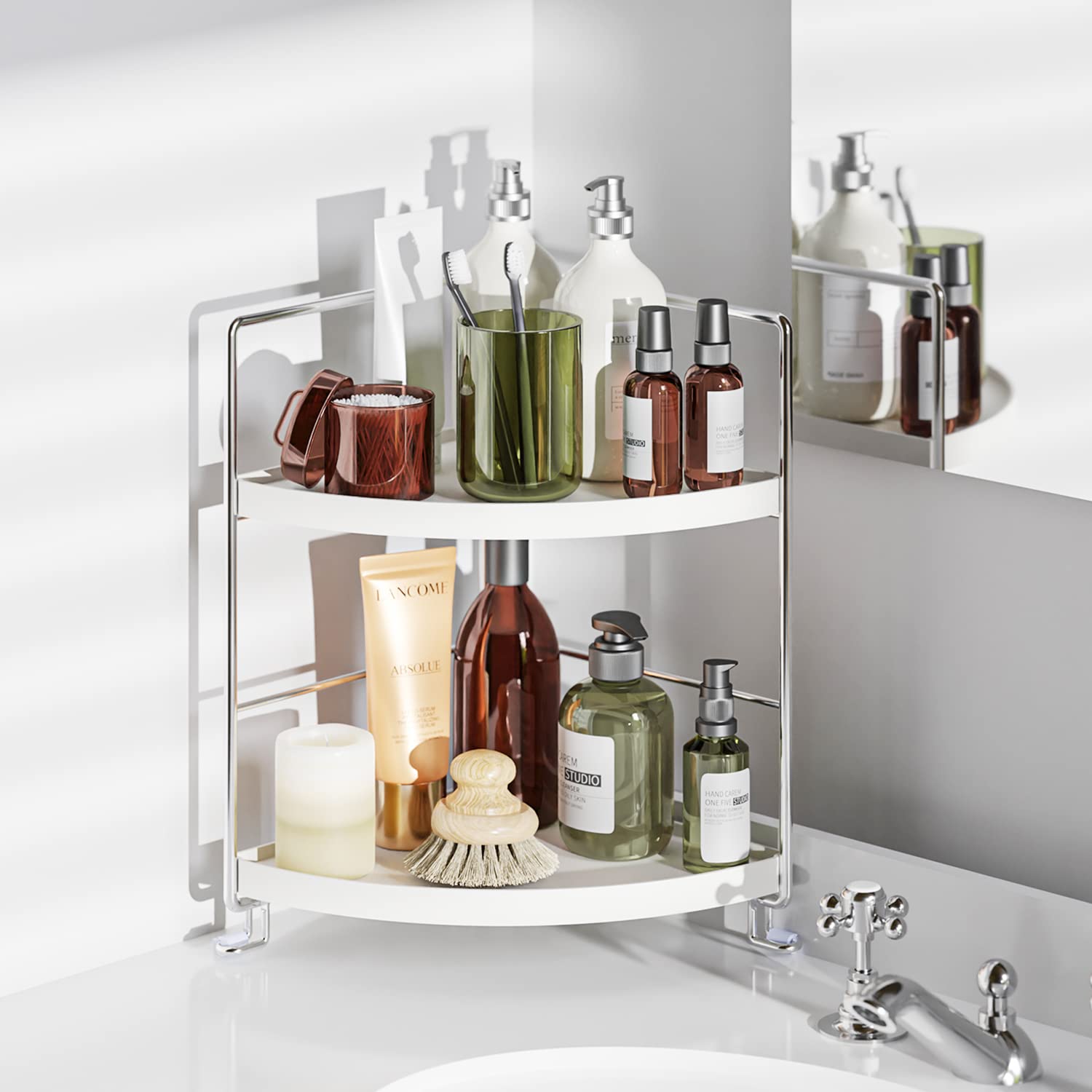KINGNERWI 2-Tier Bathroom Counter Organizer, Vanity Corner Shelf, Silver