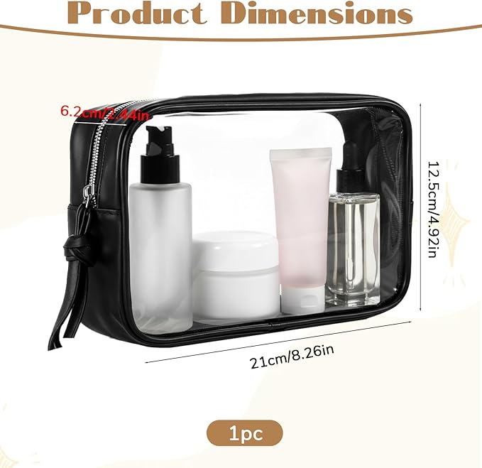 SynHHergyx Clear Makeup Bag, PU Leather Small Toiletry Pouch Portable Travel Makeup Pouch Transparent Waterproof Cosmetic Organizer with Zipper for Women Home Travel Office Cosmetic Storage (Black)