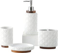 RQYIXI 4 Piece Bathroom Accessories Set, White Ceramic Bath Accessory Set with Wood Accents, Soap Dispenser, Toothbrush Holder, Tumbler and Soap Dish, Elegant Bathroom Countertop Decor