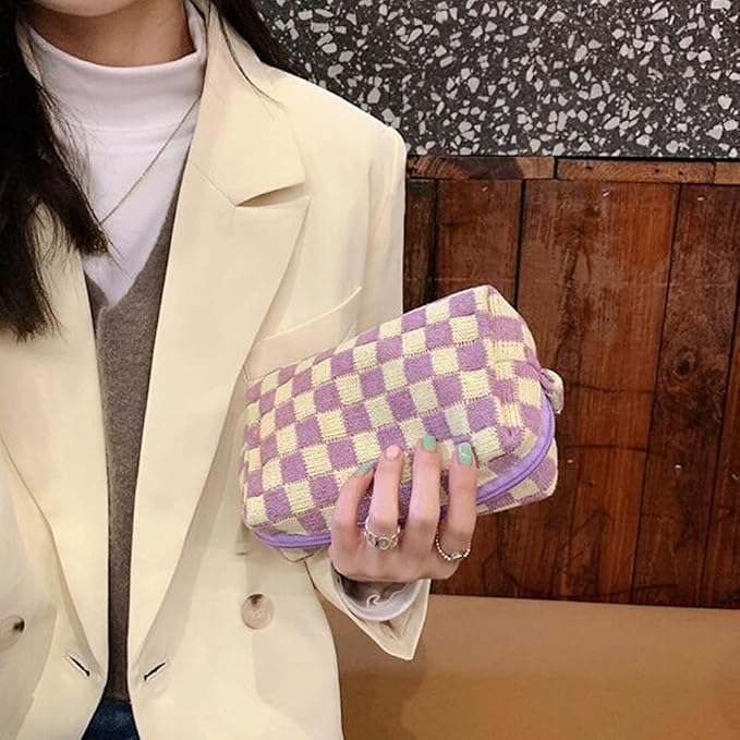 SxoSyo 2 Pcs Checkered Makeup Bags, Make up Brushes Pouches, Purple