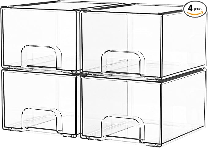 Yieach 2 Pack Clear Stackable Storage Drawers,4.4'' Tall Acrylic Drawer Containers for Organizing,Bathroom Organizers and Storage Bin Box,Plastic Makeup,Medicine Organizer Bins for Cabinet,Undersink