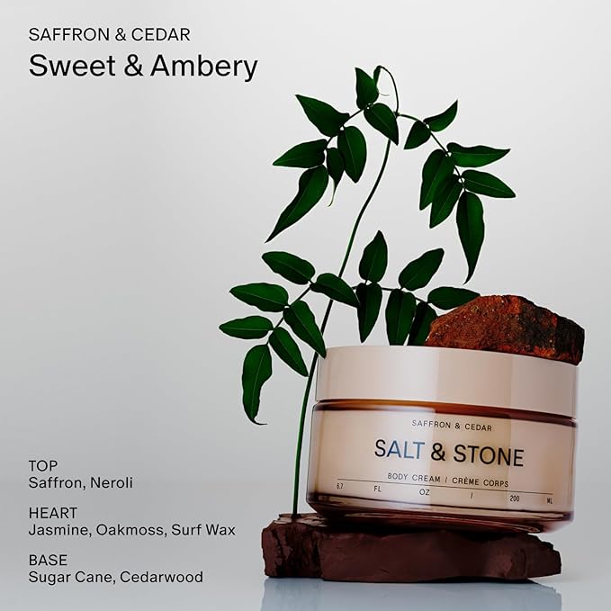 Salt & Stone Body Cream | Hydrating Formula with Seaweed Extracts, Spirulina & Squalane | Deep Hydration, Skin Barrier Support & Healthy Glow | For all Skin Types | Saffron & Cedar 6.7 fl oz
