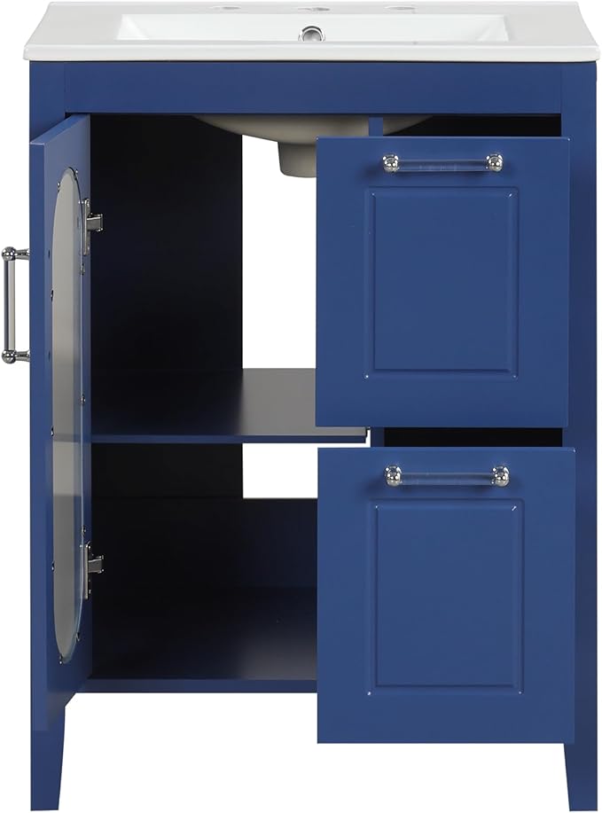 Harper & Bright Designs 24" Bathroom Vanity with Sink, Free Standing Single Basin Vanity Set with Two Drawers and Glass Door, Modern Wooden Bathroom Cabinet with Ceramic Basin for Bathroom, Blue