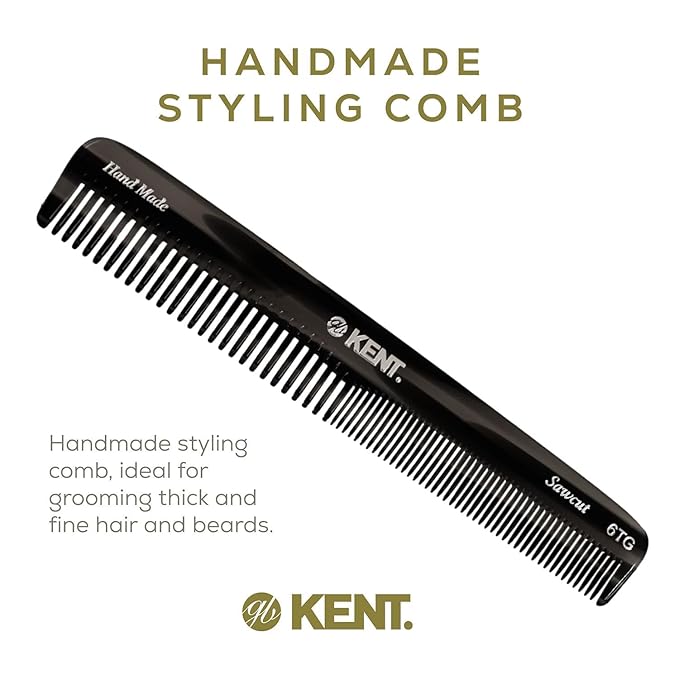 Kent 6T Black Graphite Fine Tooth and Wide Tooth Hair Comb, Handmade Styling Comb for Hair Care, Barber Combs, Beard Combs For Men, Styling Grooming for Men, Women and Kids