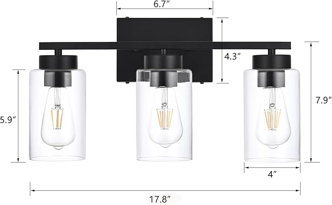 A1A9 3-Light Bathroom Vanity Light, Modern Black Wall Lights with Clear Glass Shades, Bathroom Wall Sconce Lamp for Mirror Living Room Bedroom Hallway
