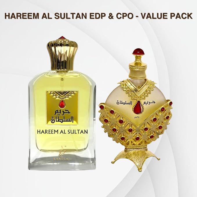 KHADLAJ PERFUMES Hareem Al Sultan Gold 2-Piece Gift Set for Unisex, (2.5 Oz Eau De Parfum Spray + 1.18 Oz concentrated perfume oil)