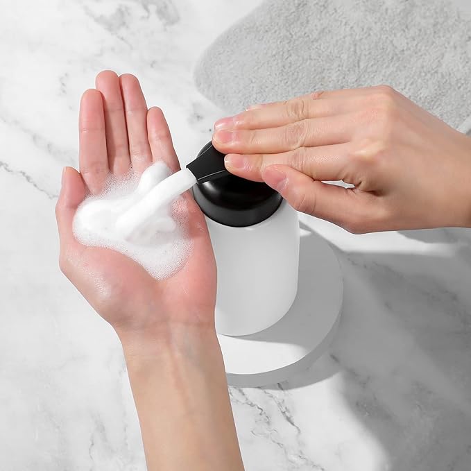 Foaming Hand Soap Dispenser Ceramic Jar Foam Dish Soap Dispenser for Bathroom and Kitchen Sink, Liquid Pump Bottle for Shampoo, Body Wash, Hand Soap, White
