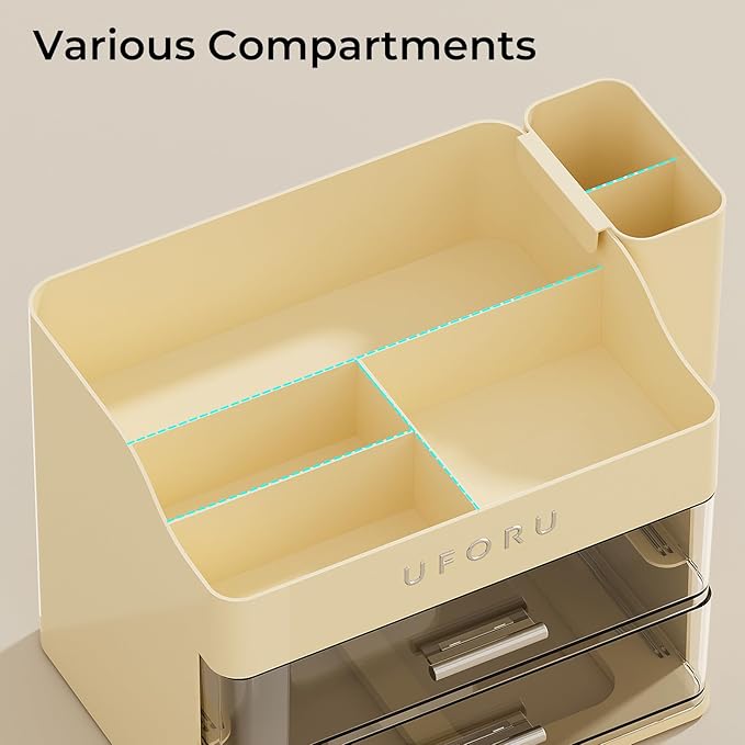 UFORU Makeup Organizer for Vanity with Brush Holder, Countertop Skincare Organizer with 2 Drawers, Spacious Cosmetic Display Case for Perfumes, Eyeshadow Palettes, Nail Polishes