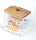NAGU Acrylic Qtip Holder with Bamboo Lid, Clear Small Cotton Swab Dispenser, Plastic Ear Stick Swabs Holder, Square Toothpick Storage Container, Bathroom Countertop Decorative Storage Organizer