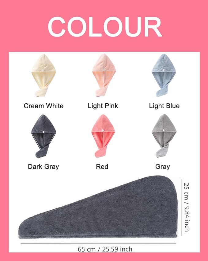 Microfiber Hair Towel Wrap for Women 6 Pack - Ultra Absorbent Fast Drying Turban with Button Closure, Anti-Frizz Design for Curly/Straight Hair, Lightweight & Machine Washable 25x65cm (6 Colors)
