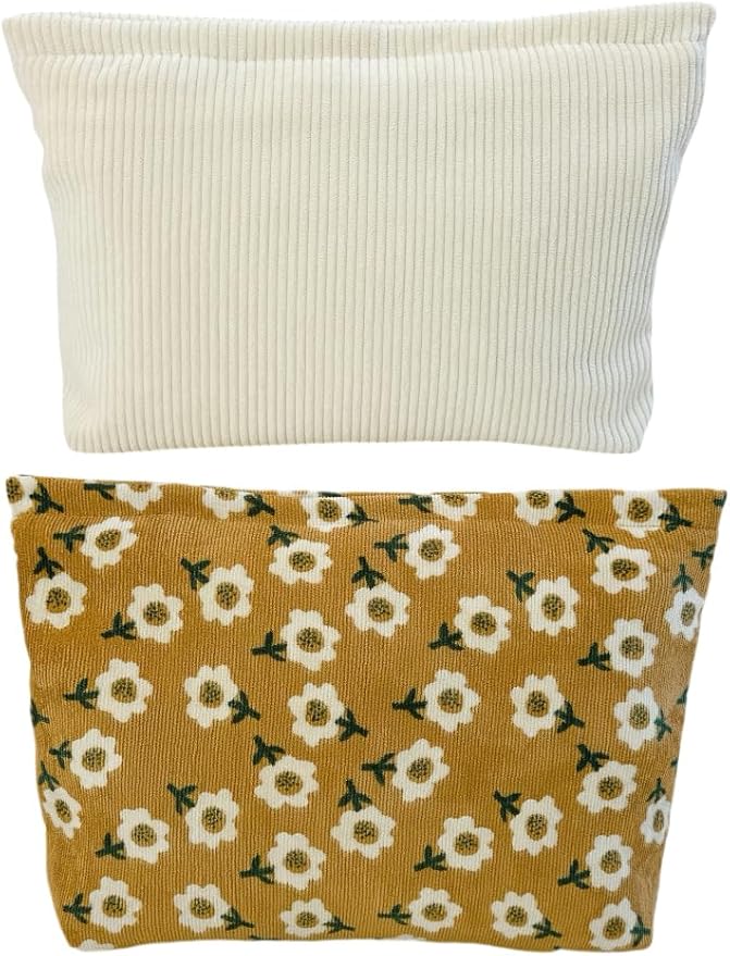 RIKMOXR 2 makeup bags Women's floral lamp core velvet canvas makeup bag, travel makeup bag, wallet storage, khaki and cute beige