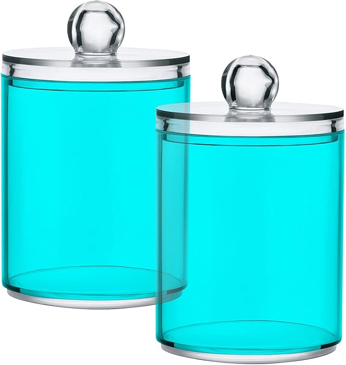 Teal Green Qtip Holder Organizer Dispenser Cotton Swabs Cans Plastic Jars with Lid Set 2 Pack Bathroom Storage Canister for Cotton Ball Floss Cotton Pads