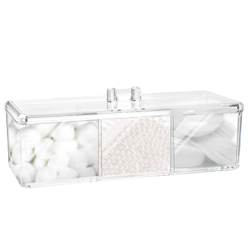 Square Qtip Holder Dispenser, 3 Compartments Cotton Ball Holder, Bathroom Canisters for Cotton Swab, Ball, Cottons Pad Organizer, Clear Acrylic Containers with Lid for Bathroom Vanity Countertop