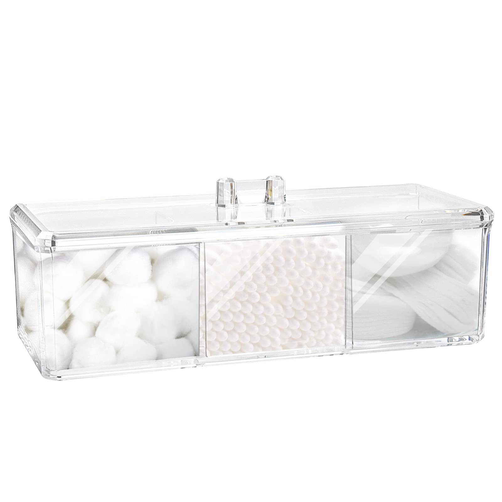 Square Qtip Holder Dispenser, 3 Compartments Cotton Ball Holder, Bathroom Canisters for Cotton Swab, Ball, Cottons Pad Organizer, Clear Acrylic Containers with Lid for Bathroom Vanity Countertop